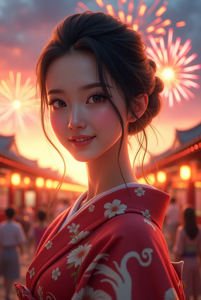 Looking at the camera,(((Top quality, 8K, masterpiece))), Sharp focus, (Beautiful Women in Perfect Shape), slim, (hairstyle: up)), ((kimono: sugar cane)), street: 1.2 高度详细的脸部和皮肤纹理 细致的眼睛 Double eyelids随意姿势, (Smile),super cute Japan person,super beauty Japanese girl, Realistic face, Double eyelids,Smile,Summer Day Festival , Sunset , Beautiful Teeth , Fireworks background.