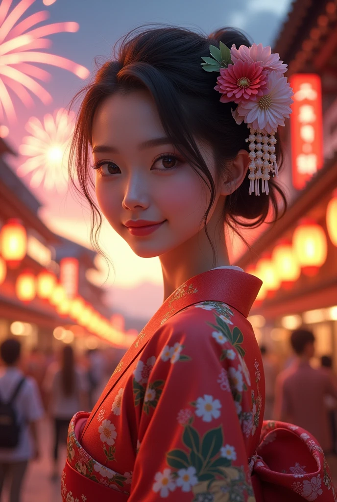 Looking at the camera,(((Top quality, 8K, masterpiece))), Sharp focus, (Beautiful Women in Perfect Shape), slim, (hairstyle: up)), ((kimono: sugar cane)), street: 1.2 高度详细的脸部和皮肤纹理 细致的眼睛 Double eyelids随意姿势, (Smile),super cute Japan person,super beauty Japanese girl, Realistic face, Double eyelids,Smile,Summer Day Festival , Sunset , Beautiful Teeth , Fireworks background.