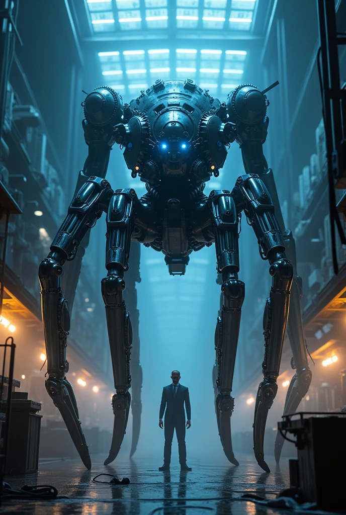 In a dimly lit, indoor laboratory, a solo spider robot stands imposingly amidst a blur of scientific equipment. Glistening blue circuits and metallic limbs radiate an air of industrial strength as it tes the space. Shadowy silhouettes of machinery and consoles surround the mecha, while bright lights cast an otherworldly glow, illuminating its non-humanoid ign.