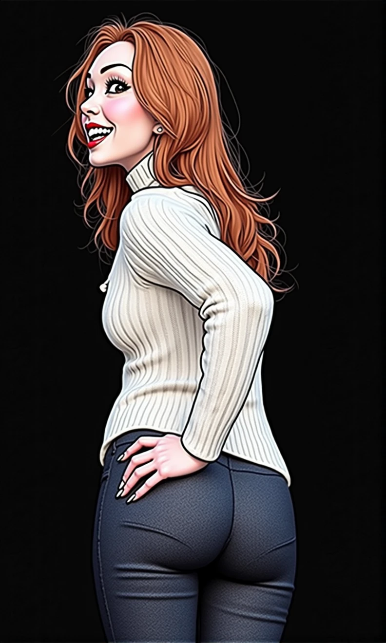 beautiful evil slavic bodybuilder with androgynous face, huge butt, butt inflation, black office pants, hand on butt pose, smiling, knitted button collared sweater, long red hair, perfect teeth, cinematic lighting, hyper realistic, 8k hd resolution, highly detailed, photorealistic, masterpiece, massive curvy booty, curvy hips, purse hanging under shoulder