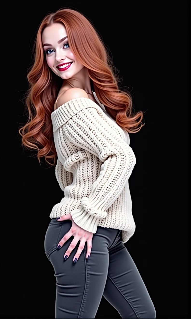 beautiful evil slavic bodybuilder with androgynous face, huge butt, butt inflation, black office pants, hand on butt pose, smiling, knitted button collared sweater, long red hair, perfect teeth, cinematic lighting, hyper realistic, 8k hd resolution, highly detailed, photorealistic, masterpiece, massive curvy booty, curvy hips, purse hanging under shoulder