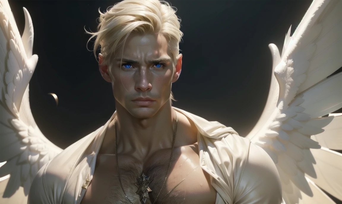 [((highly detailed, detailed eyes, detailed face, clear and realistic facial features, photorealistic, realistic light, cinematic)), (1 man), (((((Gorgeous perfect sexy powerful masculine male angel))))), (((two grand white wings coming from his back))), ((((short disheveled blond hair)))), ((((very pale eyes with white iris)))), ((35 years old)), ((wearing flattering angelic clothes)), (((aura of divine power))), standing in a cozy apartment at nighttime, ((light blush)), (((((wearing a clearly indignant expression)))))]