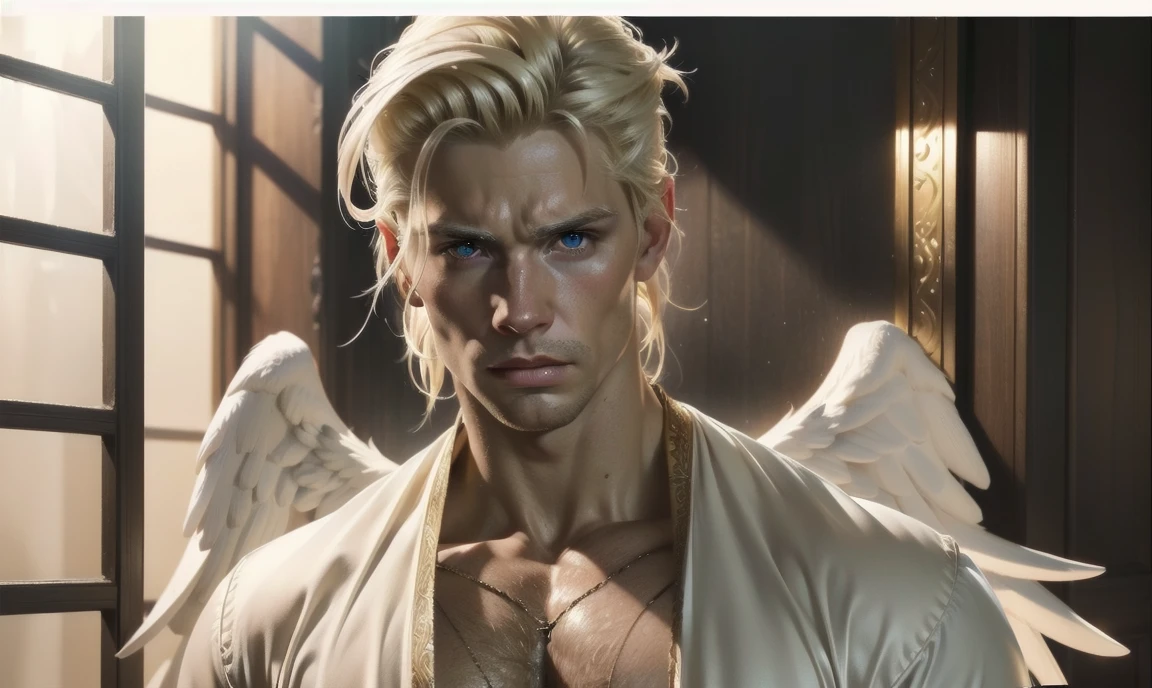 [((highly detailed, detailed eyes, detailed face, clear and realistic facial features, photorealistic, realistic light, cinematic)), (1 man), (((((Gorgeous perfect sexy powerful masculine male angel))))), (((two grand white wings coming from his back))), ((((short disheveled blond hair)))), ((((very pale eyes with white iris)))), ((35 years old)), ((wearing flattering angelic clothes)), (((aura of divine power))), standing in a cozy apartment at nighttime, ((light blush)), (((((wearing a clearly indignant expression)))))]