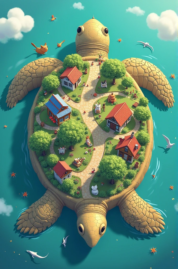 An overhead map of a giant turtle island filled with houses and commercial places and various animal-person people.