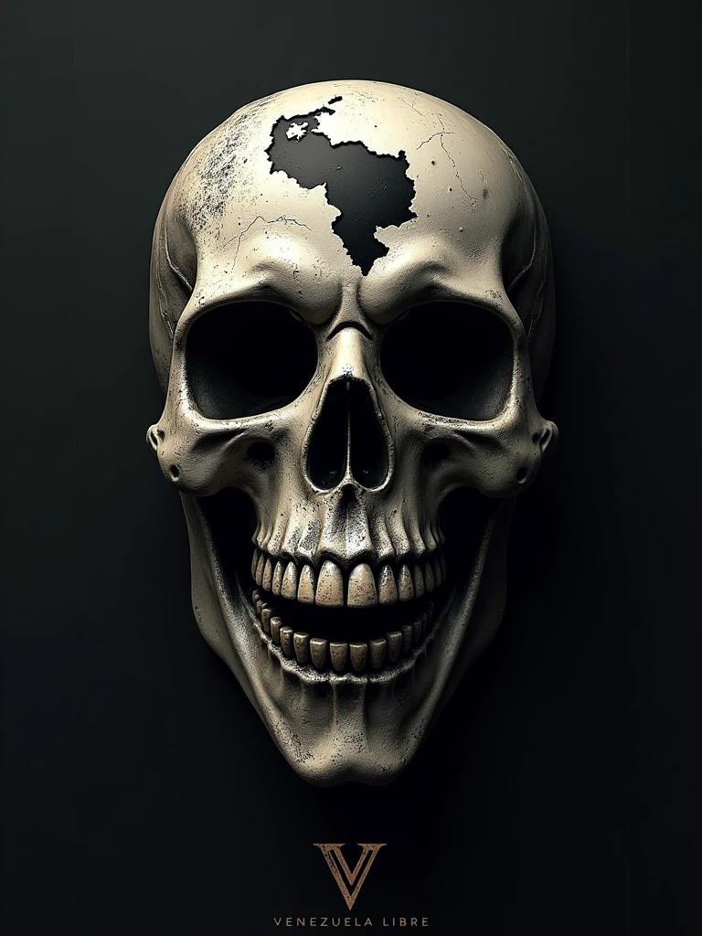 logo "Venezuela Libre" stylish letter logo front, background a mask of skull with Venezuela maps ,realistic and attitude with logo of Anonymous ,realistic real