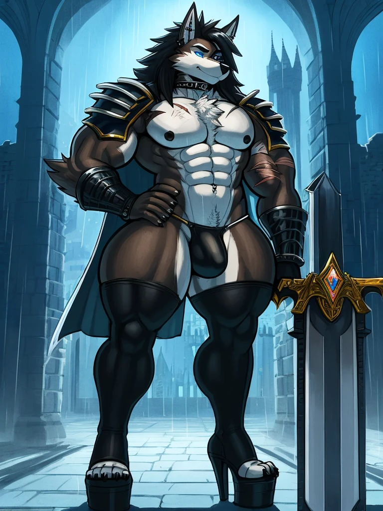 by sligarthetiger, by snao, by sssonic2, (muscular), (bulge), (tall), (abs), (wide hips), (thick thighs), (big butt), male, furry, anthro, canid, canine, canis, wolf, high heels, best quality, illustration, tail, thigh high boots, skimpy armor, choker, platform heels, piercings, long hair, shadow, sword, leg armor, arm gauntlets, armor, chest armor, unconvincing armor, ineffective clothing, long sword, chest armor, torso armor, scars on body, steel bikini, intimidating, high quality, illustration, iron armor, scars, scar, castle, chest tuft, fur cape, earrings, raining, night, black hair, scars on face, scars on chest, scars on legs, scars on arms, black body, blue eyes, large sword, black armor, grey inner ear, black sword, muscles, dark black body, black fur, castlevania, ebony,