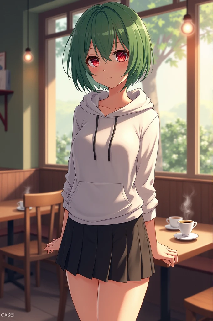 White hoodie、Black miniskirt、Her hair is short and green、Red eyes、high school girl、The background is a cafe