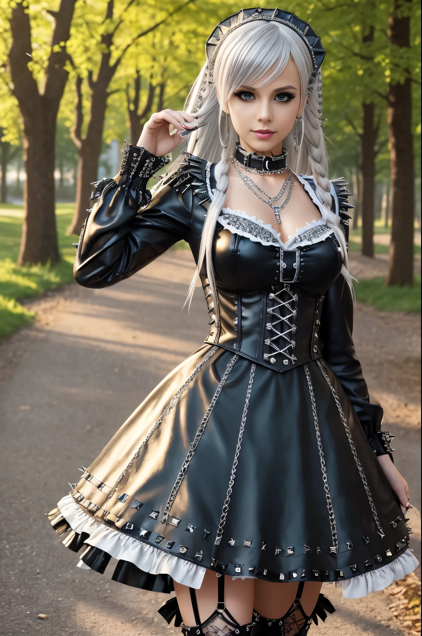 sexy stylish German model, only 1 female, long multicolor stylish hair, ((shiny Punk-Style boots)), smile, professional makeup, glossy lip-gloss, ((sexy Punk Lolita cosplay)), unconventional skirt, petticoats, high neckline, ((ultra detailed lace)), ((ultra detailed embroidery)), intricate details, tartan patterns, ((silver chains)), ((silver spikes)), ((safety pins)), Punk Lolita accessoires, Punk Lolita choker, ((large sparkling Punk Lolita jewelry)), cinematic light, detailed large park background with trees