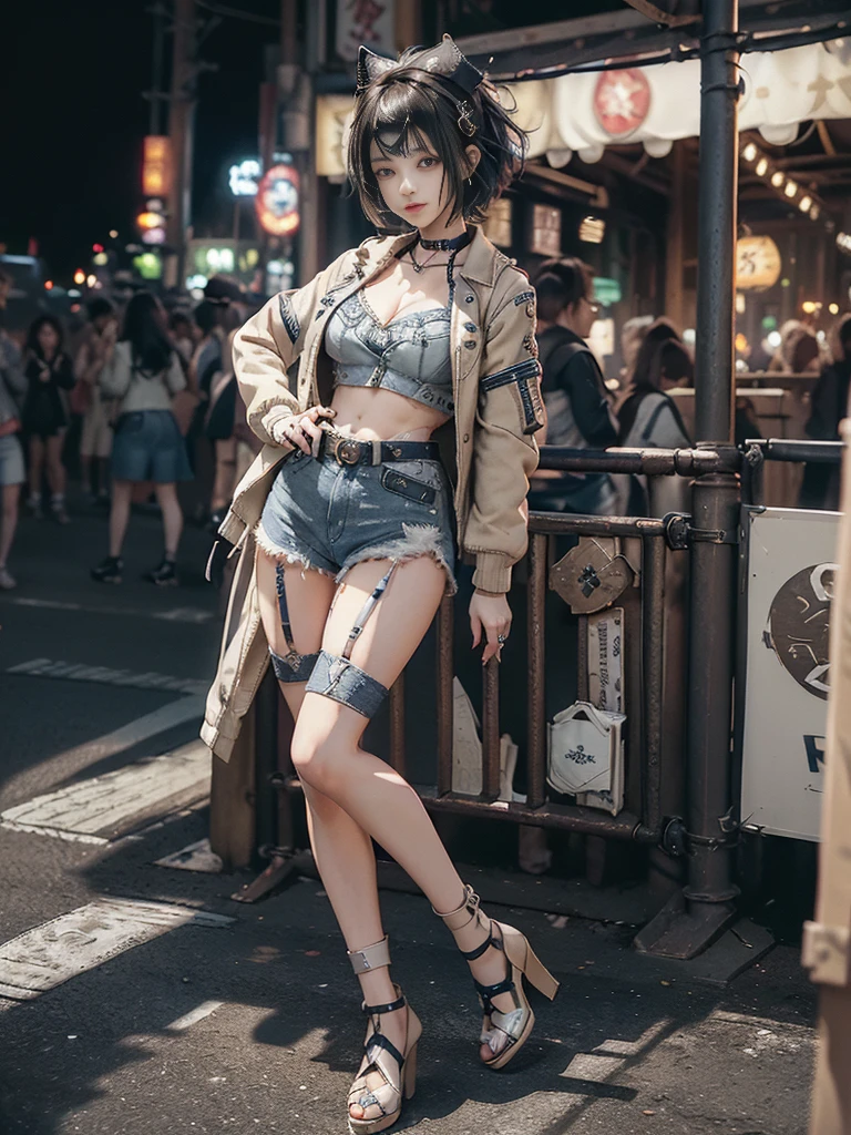(Full body image:1.4)、(Side view:1.1)、(Smiling with teeth showing:1.3),(Shibuya Gal:1.5)、(hostess:1.4)、(Neo-Goth Fashion:1.5)、(Punk Rock Visual Kei:1.3)、(Futuristic white baby doll, Beige and denim:1.5)、(Delicate denim short jacket, Beige and navy:1.5)、(denim garter belt:1.5)、(Denim and white cargo pants:1.3)、(Heart-shaped silver accessories:1.5)、(Brown Skin Belt:1.4)、(Blue High Heels:1.4)、(Lace Underwear:1.4)、20-year-old、Browsing Caution,((Highest quality、In 8K、masterpiece:1.3))、Sharp focus:1.2、(Layered Cut、Huge boobs:1.1),Beautiful woman with perfect figure:1.4、(Posing as a gravure model:1.3)、Slim Abs:1.2、Butt、Highly detailed face and skin texture、Detailed eyes、double eyelid,(short hair:1.3)、(Black brown hair:1.3)、Obscene、idol carving、(A luxurious amusement park at night:1.3)、(Slimming your legs:1.4)、(Thin thighs:1.4)、(the body is slim:1.3)、(clavicle:1.1)