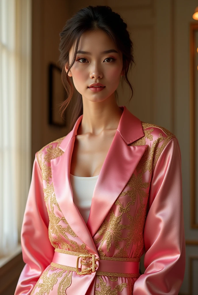 Can you generate me some fancy clothes that have a pink and gold shirt with a white cam, The front photo without posing is for photomontage