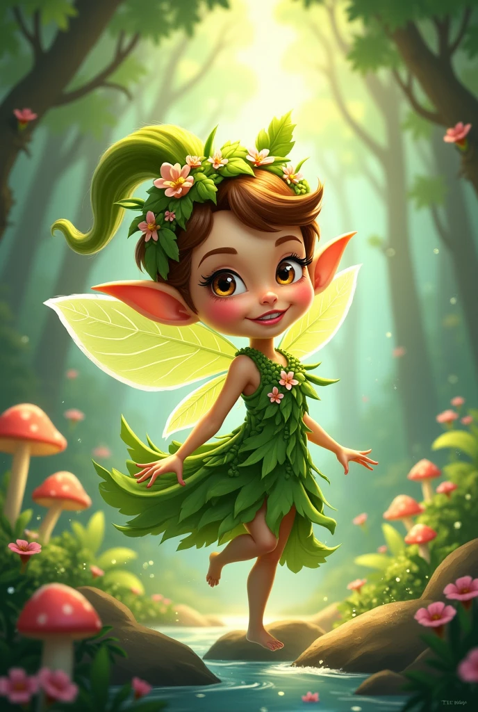 Create a 2D stylized character named 'Fern,' a playful forest sprite that embodies the vibrant energy of nature. Fern should be depicted as a small, agile creature with leaf-like wings, a flowing gown e of vines and flowers, and a mischievous grin. The character should have a bright and lively color palette, with various shades of green, yellow, and soft pinks. The background should feature a lush, enchanted forest with glowing mushrooms, blooming flowers, and a sparkling stream, reflecting the sprite's connection to the natural world.