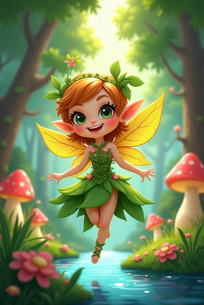 Create a 2D stylized character named 'Fern,' a playful forest sprite that embodies the vibrant energy of nature. Fern should be depicted as a small, agile creature with leaf-like wings, a flowing gown made of vines and flowers, and a mischievous grin. The character should have a bright and lively color palette, with various shades of green, yellow, and soft pinks. The background should feature a lush, enchanted forest with glowing mushrooms, blooming flowers, and a sparkling stream, reflecting the sprite's connection to the natural world.