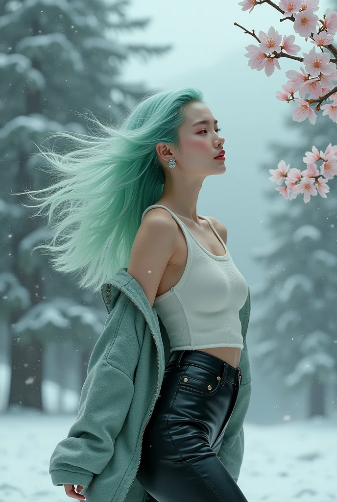 (Logo, masterpiece, 8K, On the table, RAW photos, Astonishing, Top quality, Photorealistic and Very detailed CG Integrated 8K Wallpaper, high quality, Very detailed, Narrative Poems, Particle Effects, dynamic effect, Character Boundary Depth, Movie Lighting, lens flare, Ray Tracing), fantasy, (1. Beautiful woman, Pale green hair, Pretty Face, No makeup, Delicate eyes, Beautiful Skin, Elegant dancing woman: 1.7, Elegant dancing woman: 1.7 ), hair blowing in the wind, bouncy hair dancing in the wind, hair jump, camisole, Leather pants, leather jacket, Silver earrings, night, wind, dark, snow and Frost, Cold winter days, Snow Mountain Forests, Frost, Snow Mountain, Frost树的美丽与光辉, The silence of the snowy world and the beautiful meadows, Vast land, Lakeside, , 美丽的自然wind景, the night sky, wind, Cherry blossoms, Cherry blossoms花瓣飞舞, Cherry blossoms暴wind雪, Falling Flowers