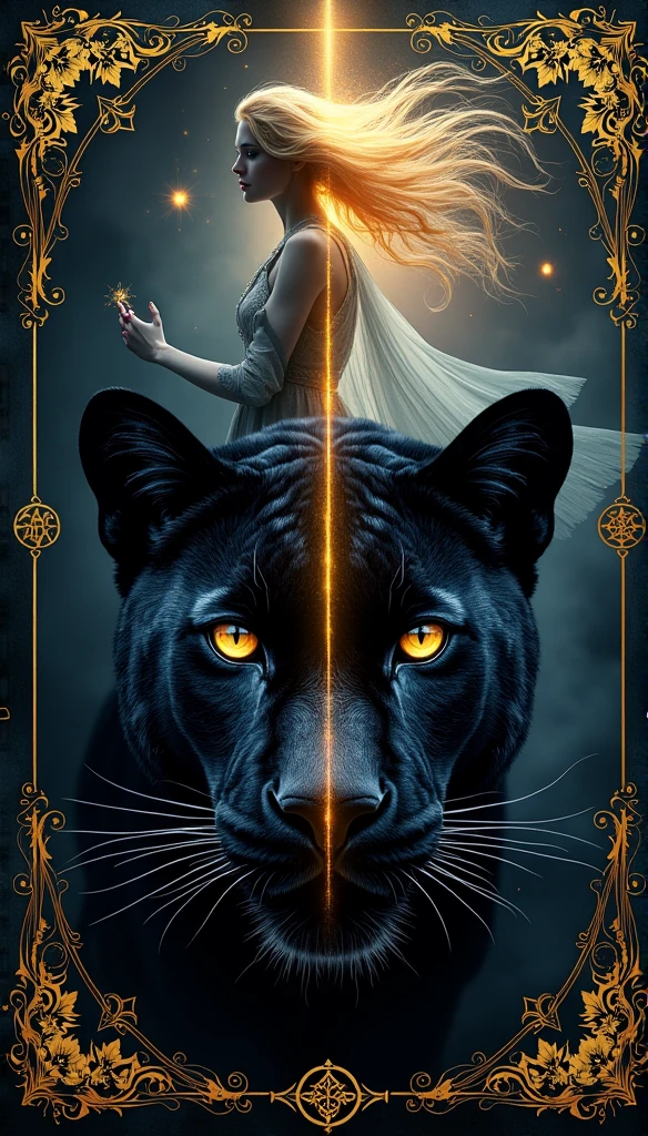 The cover of a book, with the name "Entre a Lumiere e as dark ages" captura o dualismo central do livro através de one composição visualmente impactante. On the right, one **black panther** dominates the lower part of the cover. Shrouded in deep shadows, your silhouette is highlighted, with golden-yellow eyes that shine brightly, suggesting mystery and danger. The detailed texture of the panther&#39;s fur creates a realistic effect, almost tactile, contrasting with the darkness that surrounds it.

to the left, No topo da capa, está one **feminine figure** wrapped in ethereal light, representando a protagonista como a reencarnação de one poderosa fada. Her hair flows in the wind, illuminated by golden and silver reflections. To figure, dressed in a flowing dress, is surrounded by glowing particles, reinforcing its magical aura and contrasting with the shadows of the panther.

or **fund** da capa é one transição entre o mundo das trevas e da luz. On the right, o fund é escuro, com tons de azul-marinho e roxo profund, sugerindo one paisagem noturna. to the left, o fund é mais claro, com one auréola de luz emanando da feminine figure, gradually blending into the darkness.

or **Title**, "Entre a Lumiere e as dark ages", is centralized and divided between these two worlds. The typography is elegant and elaborate, with words like "Lumiere" in gold and "dark ages" em preto profund, creating a contrast that highlights the theme of the book. or Title é cercado por pequenos floreios que reforçam o tema de fantasia.

A capa é finalizada com one **decorative border**, combining natural and mystical elements, like vines and runic symbols, dando one sensação de livro antigo e mágico. or acabamento fosco, com detalhes em verniz no Title, adds a sophisticated touch, making the cover visually appealing and evocative.