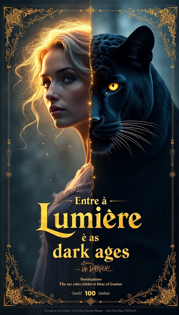 The cover of a book, with the name "Entre a Lumiere e as dark ages" captura o dualismo central do livro através de one composição visualmente impactante. On the right, one **black panther** dominates the lower part of the cover. Shrouded in deep shadows, your silhouette is highlighted, with golden-yellow eyes that shine brightly, suggesting mystery and danger. The detailed texture of the panther's fur creates a realistic effect, almost tactile, contrasting with the darkness that surrounds it.
to the left, No topo da capa, está one **feminine figure** wrapped in ethereal light, representando a protagonista como a reencarnação de one poderosa fada. Her hair flows in the wind, illuminated by golden and silver reflections. To figure, dressed in a flowing dress, is surrounded by glowing particles, reinforcing its magical aura and contrasting with the shadows of the panther.
or **fund** da capa é one transição entre o mundo das trevas e da luz. On the right, o fund é escuro, com tons de azul-marinho e roxo profund, sugerindo one paisagem noturna. to the left, o fund é mais claro, com one auréola de luz emanando da feminine figure, gradually blending into the darkness.
or **Title**, "Entre a Lumiere e as dark ages", is centralized and divided between these two worlds. The typography is elegant and elaborate, with words like "Lumiere" in gold and "dark ages" em preto profund, creating a contrast that highlights the theme of the book. or Title é cercado por pequenos floreios que reforçam o tema de fantasia.
A capa é finalizada com one **decorative border**, combining natural and mystical elements, like vines and runic symbols, dando one sensação de livro antigo e mágico. or acabamento fosco, com detalhes em verniz no Title, adds a sophisticated touch, making the cover visually appealing and evocative.