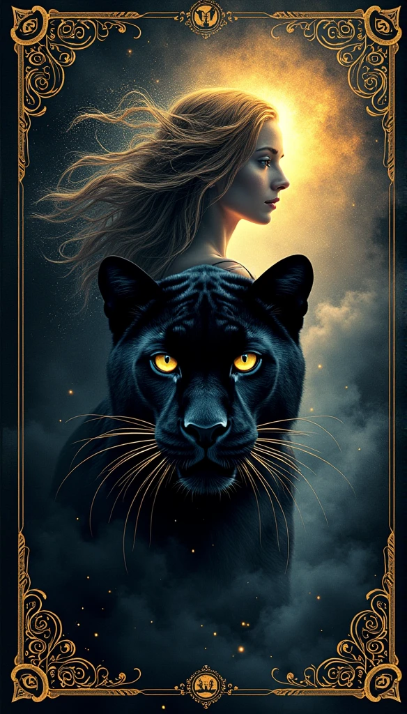 The cover of a book, with the name "Entre a Lumiere e as dark ages" captura o dualismo central do livro através de one composição visualmente impactante. On the right, one **black panther** dominates the lower part of the cover. Shrouded in deep shadows, your silhouette is highlighted, with golden-yellow eyes that shine brightly, suggesting mystery and danger. The detailed texture of the panther's fur creates a realistic effect, almost tactile, contrasting with the darkness that surrounds it.
to the left, No topo da capa, está one **feminine figure** wrapped in ethereal light, representando a protagonista como a reencarnação de one poderosa fada. Her hair flows in the wind, illuminated by golden and silver reflections. To figure, dressed in a flowing dress, is surrounded by glowing particles, reinforcing its magical aura and contrasting with the shadows of the panther.
or **fund** da capa é one transição entre o mundo das trevas e da luz. On the right, o fund é escuro, com tons de azul-marinho e roxo profund, sugerindo one paisagem noturna. to the left, o fund é mais claro, com one auréola de luz emanando da feminine figure, gradually blending into the darkness.
or **Title**, "Entre a Lumiere e as dark ages", is centralized and divided between these two worlds. The typography is elegant and elaborate, with words like "Lumiere" in gold and "dark ages" em preto profund, creating a contrast that highlights the theme of the book. or Title é cercado por pequenos floreios que reforçam o tema de fantasia.
A capa é finalizada com one **decorative border**, combining natural and mystical elements, like vines and runic symbols, dando one sensação de livro antigo e mágico. or acabamento fosco, com detalhes em verniz no Title, adds a sophisticated touch, making the cover visually appealing and evocative.