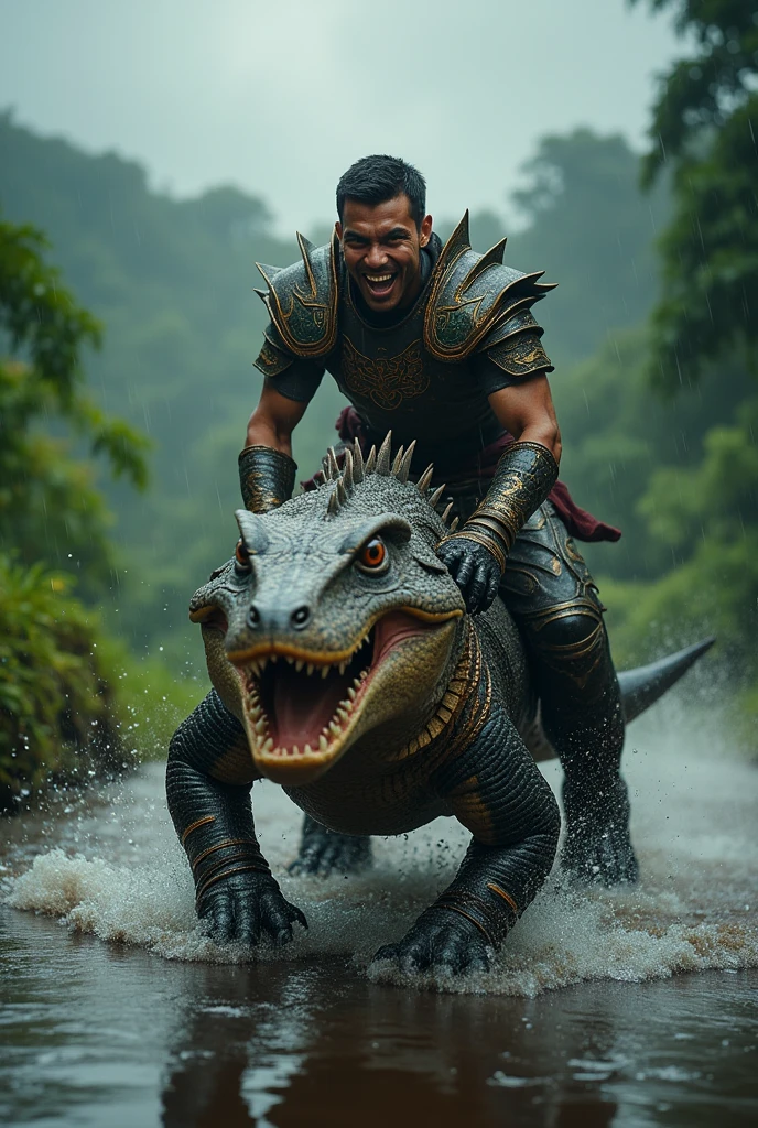 an indonesian fierce handsome man age 32 wearing armor suit, riding a giant reptile in a rainy weather in Indonesia, joyously riding, water puddle, realistic photo style, 8k resolution, shot by Canon DSLR
