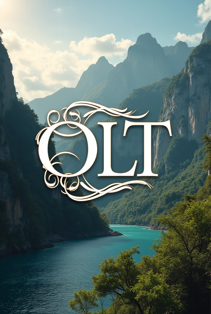 brand logo of a tourism company, using the letters OLT, detailed and elegant, trips, merge letters, posh, luxury, stunning landscape background