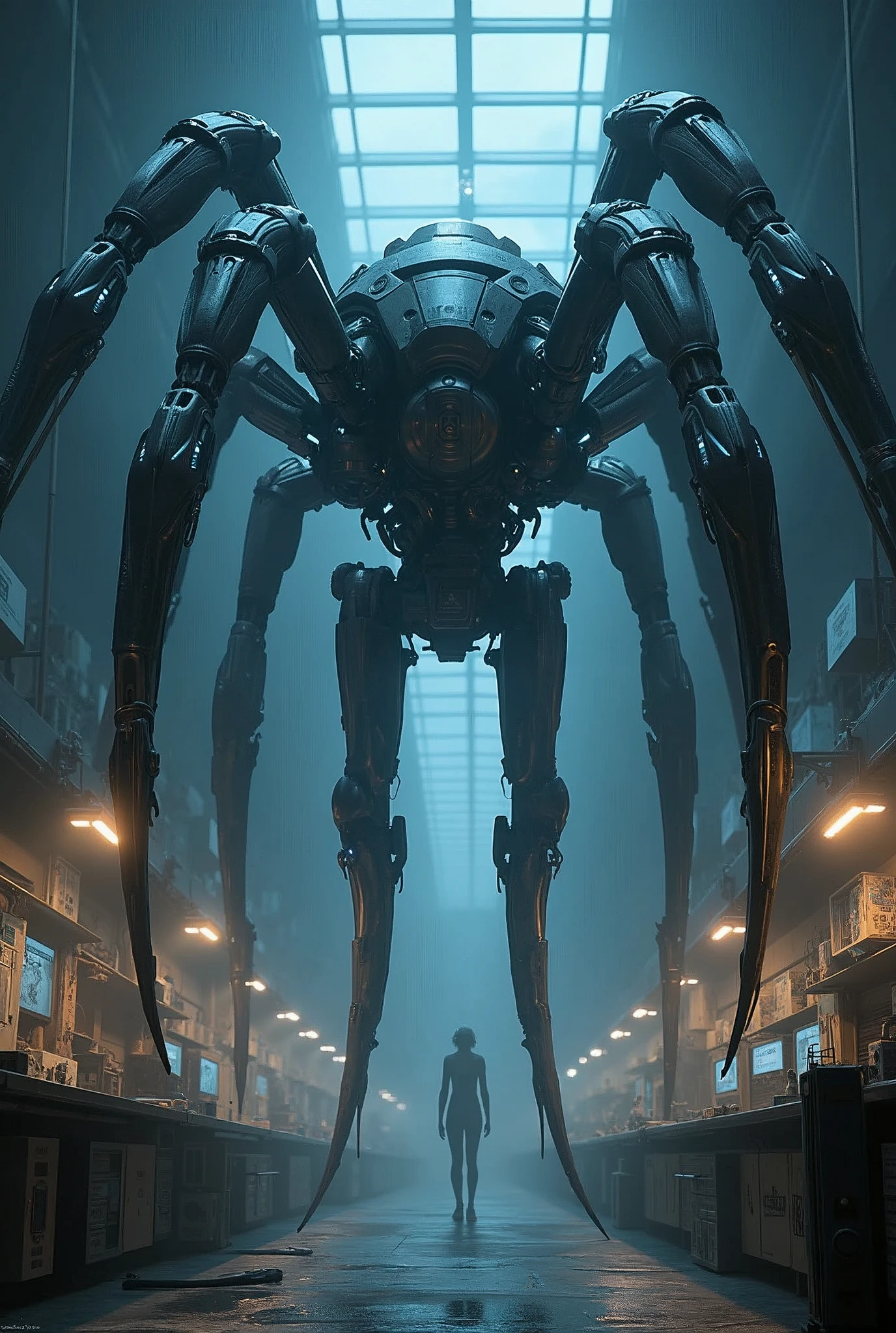 In a dimly lit, indoor laboratory, a solo spider robot stands imposingly amidst a blur of scientific equipment. Glistening blue circuits and metallic limbs radiate an air of industrial strength as it dominates the space. Shadowy silhouettes of machinery and consoles surround the mecha, while bright lights cast an otherworldly glow, illuminating its non-humanoid design.