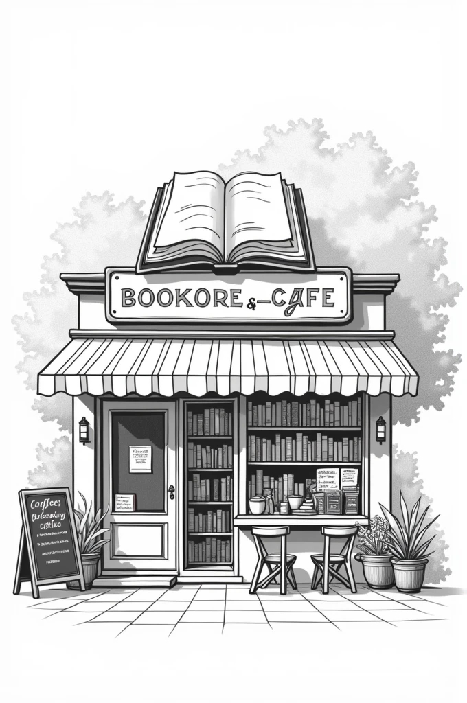 Simple line drawing, white background, no shading, flat vector. "Bookstore Café": A cozy bookstore with a large book-shaped sign on the roof and a striped awning over the entrance. The front display window shows off a selection of books and a chalkboard menu with coffee and pastry options. Inside, bookshelves are filled with neatly arranged books, and a small café counter offers coffee and baked goods. Potted plants and a couple of chairs outside create a peaceful spot to enjoy a book. The angled perspective adds to the inviting charm of the scene. Pixar style, simple outline and shapes, coloring page, black and white, comic book flat vector, white background.
