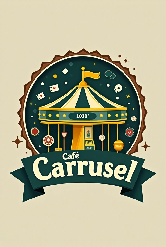 “Create an logo for a coffee shop called &#39;Café Carrusel&#39;. The logo should have a central carousel with board game pieces like dice, chips and cards. Surround the carousel with a circle that has the name &#39;Café Carrusel&#39;. Use dark green colors (#2E865F) for the carousel and the pieces, wood (#964B00) for the circle and the details, and yellow (#F7DC6F) for accents and text. The typography must be modern and legible open sans
