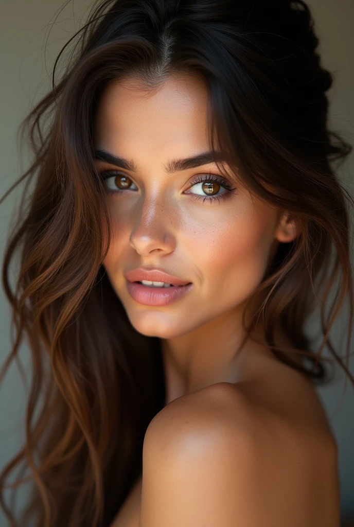 cute beautiful brunette, perfect angle, very detailed, , flirty face, messy long hair, brown eyes, high-res, masterpiece, best quality,intricate details, highly detailed,sharp focus, detailed skin,realistic skin texture,texture, detailed eyes, professional, 4k, smile, shot on Canon, 85mm,shallow depth of field,kodak vision color,  eyeshadow, extremely detailed, photo_\(ultra\), photorealistic, realistic, post-processing, max detail, roughness, real life, ultra realistic, photorealism, photography, 8k uhd, photography, braless,