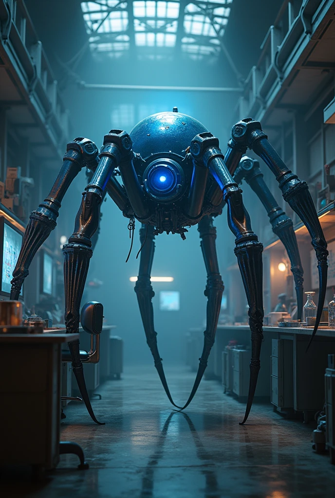 In a dimly lit, indoor laboratory, a solo spider robot stands imposingly amidst a blur of scientific equipment. Glistening blue circuits and metallic limbs radiate an air of industrial strength as it dominates the space. Shadowy silhouettes of machinery and consoles surround the mecha, while bright lights cast an otherworldly glow, illuminating its non-humanoid design.
