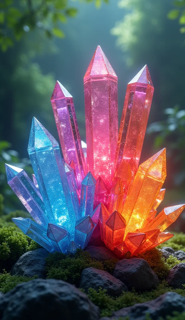 Colored crystals with green background, high brightness, realisitic, ambient light