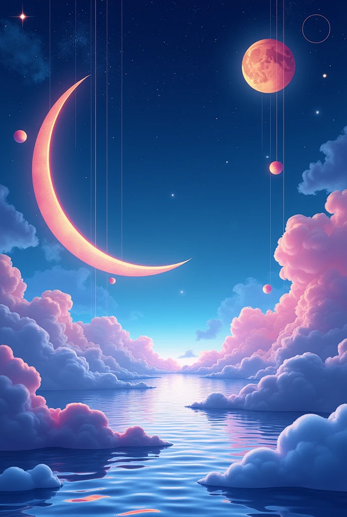 pink moon, pink sky, soft pink heart-shaped clouds, pink waves sparkling, sparkling, pink rose on pink sea, fantasy, diamond, crown, universe, soft lights,