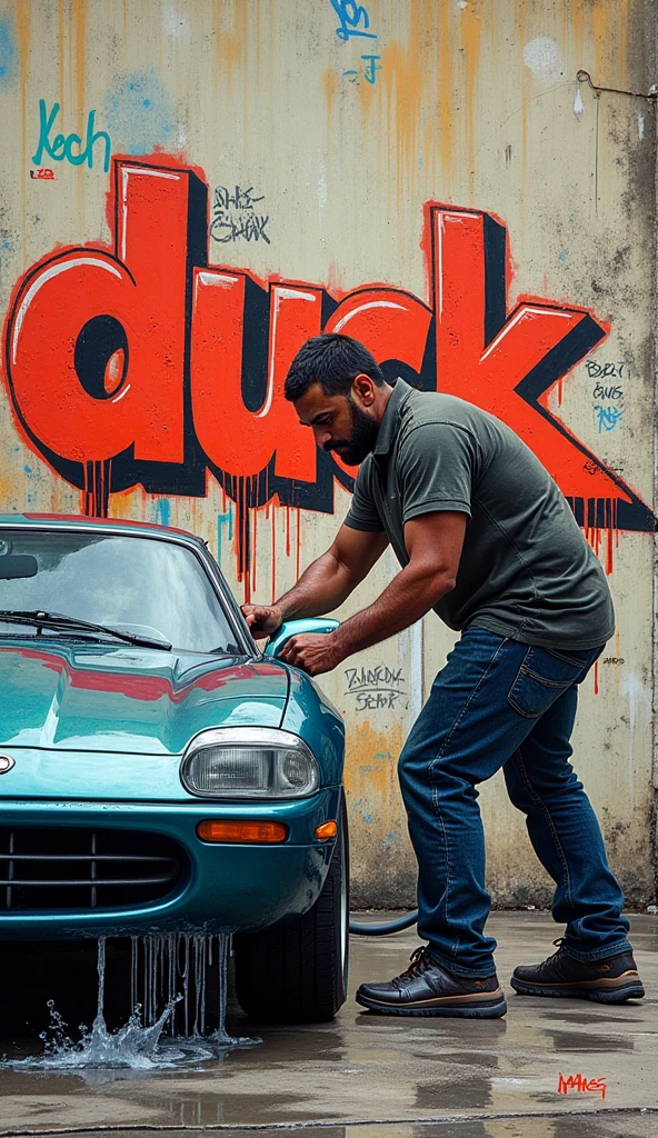 A graffiti style drawing of a man washing a car with and written on the wall: duck