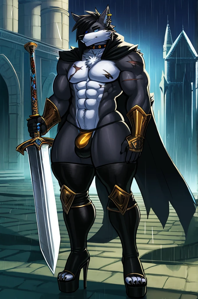 by sligarthetiger, by snao, by sssonic2, (muscular), (bulge), (tall), (abs), (wide hips), (thick thighs), (big butt), male, furry, anthro, canid, canine, canis, wolf, high heels, best quality, illustration, tail, thigh high boots, skimpy armor, choker, platform heels, piercings, long hair, shadow, sword, leg armor, arm gauntlets, armor, chest armor, unconvincing armor, ineffective clothing, long sword, chest armor, torso armor, scars on body, steel bikini, intimidating, high quality, illustration, iron armor, scars, scar, castle, chest tuft, fur cape, earrings, raining, night, black hair, scars on face, scars on chest, scars on legs, scars on arms, black body, blue eyes, large sword, black armor, grey inner ear, black sword, muscles, dark black body, black fur, castlevania, ebony,