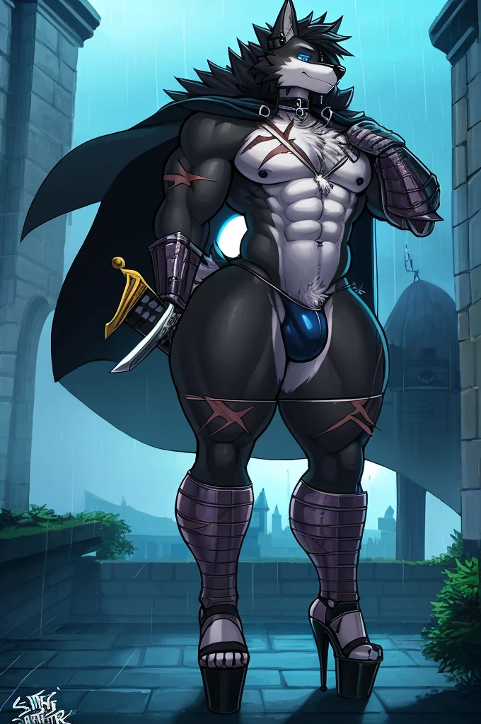 by sligarthetiger, by snao, by sssonic2, (muscular), (bulge), (tall), (abs), (wide hips), (thick thighs), (big butt), male, furry, anthro, canid, canine, canis, wolf, high heels, best quality, illustration, tail, thigh high boots, skimpy armor, choker, platform heels, piercings, long hair, shadow, sword, leg armor, arm gauntlets, armor, chest armor, unconvincing armor, ineffective clothing, long sword, chest armor, torso armor, scars on body, steel bikini, intimidating, high quality, illustration, iron armor, scars, scar, castle, chest tuft, fur cape, earrings, raining, night, black hair, scars on face, scars on chest, scars on legs, scars on arms, black body, blue eyes, large sword, black armor, grey inner ear, black sword, muscles, dark black body, black fur, castlevania, ebony,