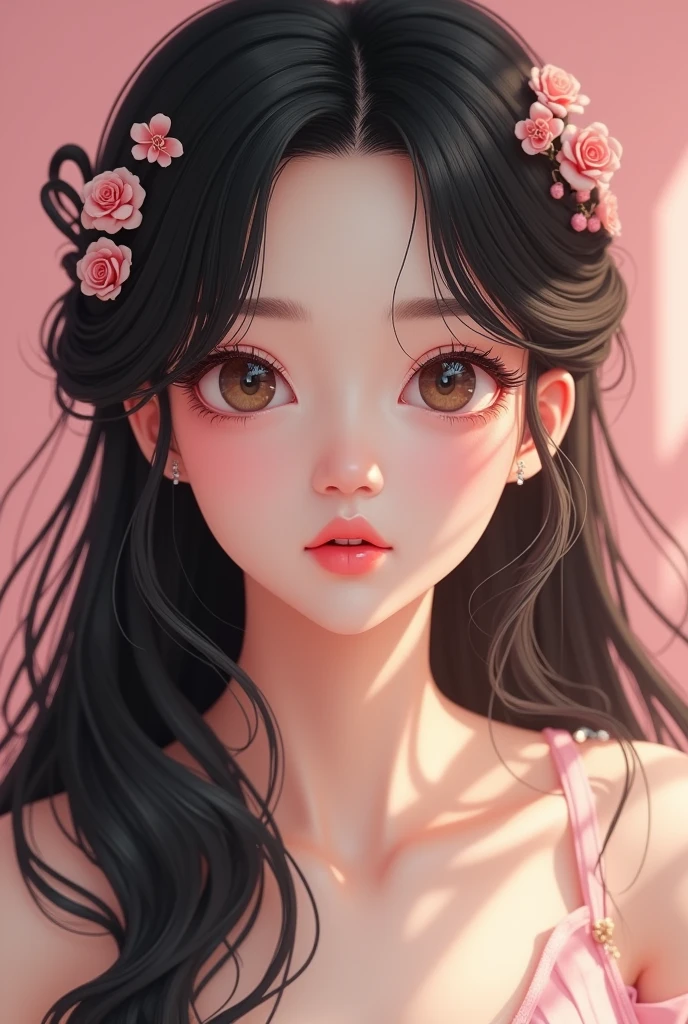 photoPractical, Lip Gloss, , Practical, best quality, Ultra-high resolution, depth, Pastel colors, Natural shade, Focus on the face, Face only, Looking at the audience, Long hair, Hair accessories, Black Hair, Brown, detailed eyes, skirt,High heel