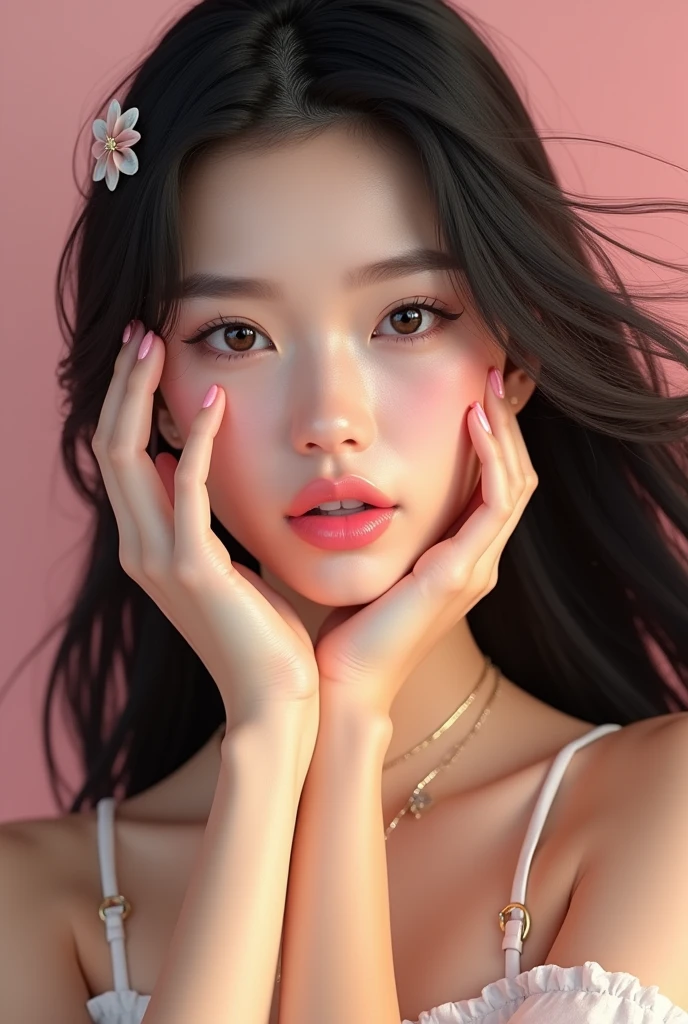 photoPractical, Lip Gloss, , Practical, best quality, Ultra-high resolution, depth, Pastel colors, Natural shade, Focus on the face, Face only, Looking at the audience, Long hair, Hair accessories, Black Hair, Brown, detailed eyes, skirt，High heel
