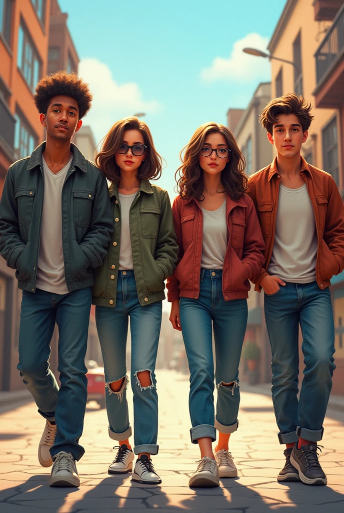 Image of 4 teenagers walking back to back, 2 are men and the other 2 are women
