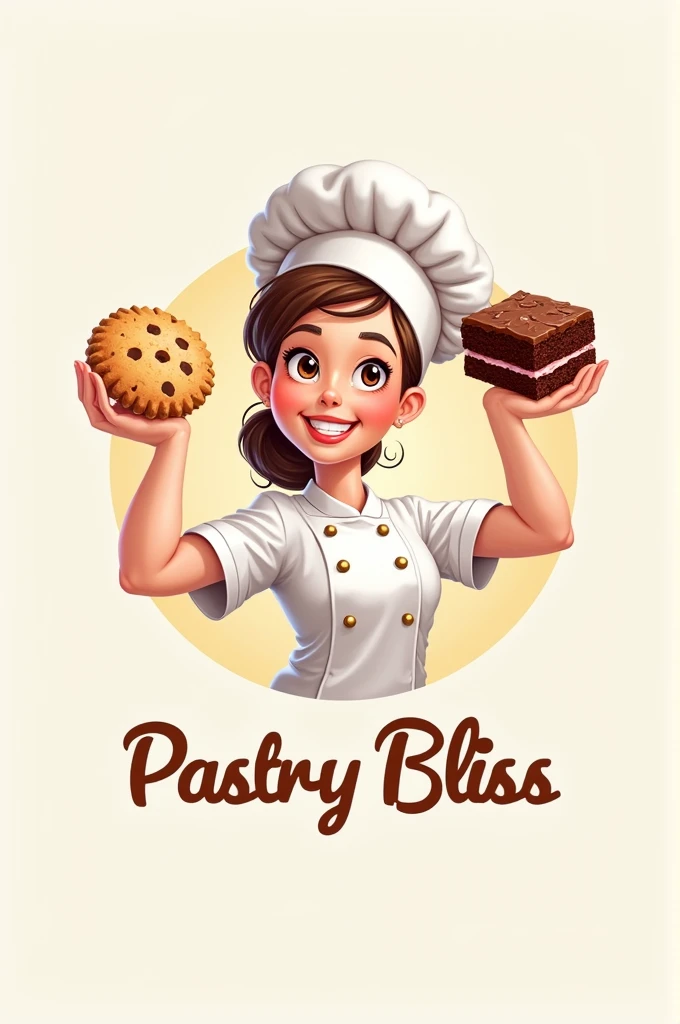 Create a titled logo "Pastry Bliss" decorated with a pastry chef holding a cookie and a brownie in each hand