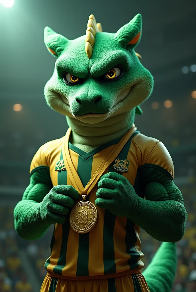 A green colored mascot, looking like a team, with a serious and gloomy face, with the champion background and a gold medal.
