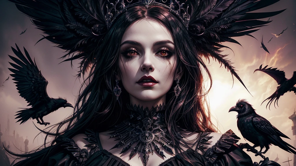 there is a woman with a crown of feathers and a crow, Gothic Maid of Darkness, Goddess of the Underworld, Queen of the Underworld, dancer of the underworld, seductive cyberpunk, dark fantasy, crow, Order of the Flaming Shadow, amazing fantasy horror, cover, in the style of dark fantasy art, fantasy dark art, gothic fantasy art, crow winged female vampire