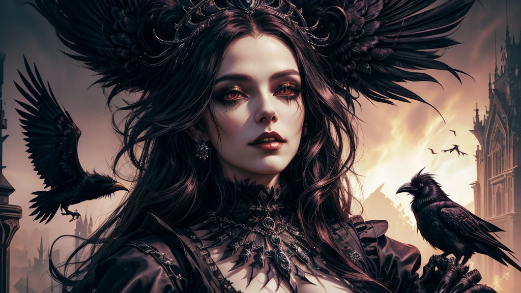 there is a woman with a crown of feathers and a crow, Gothic Maid of Darkness, Goddess of the Underworld, Queen of the Underworld, dancer of the underworld, seductive cyberpunk, dark fantasy, crow, Order of the Flaming Shadow, amazing fantasy horror, cover, in the style of dark fantasy art, fantasy dark art, gothic fantasy art, crow winged female vampire