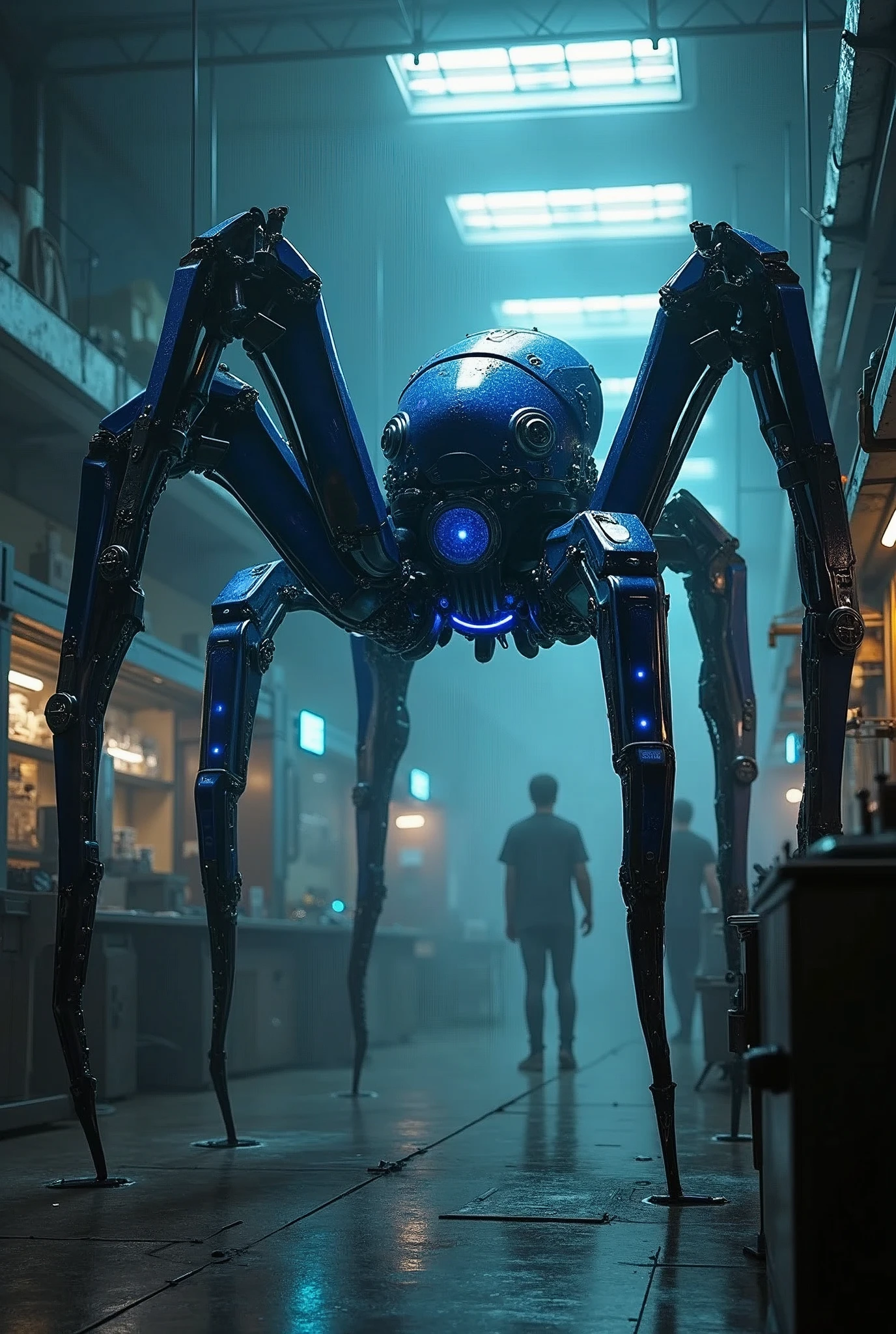 In a dimly lit, indoor laboratory, a solo spider robot stands imposingly amidst a blur of scientific equipment. Glistening blue circuits and metallic limbs radiate an air of industrial strength as it dominates the space. Shadowy silhouettes of machinery and consoles surround the mecha, while bright lights cast an otherworldly glow, illuminating its non-humanoid design.