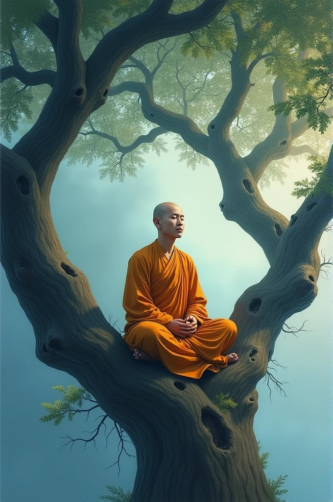 Lama meditating on a blue chestnut tree