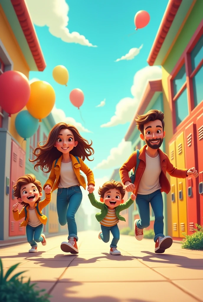 Family running in school cartoon