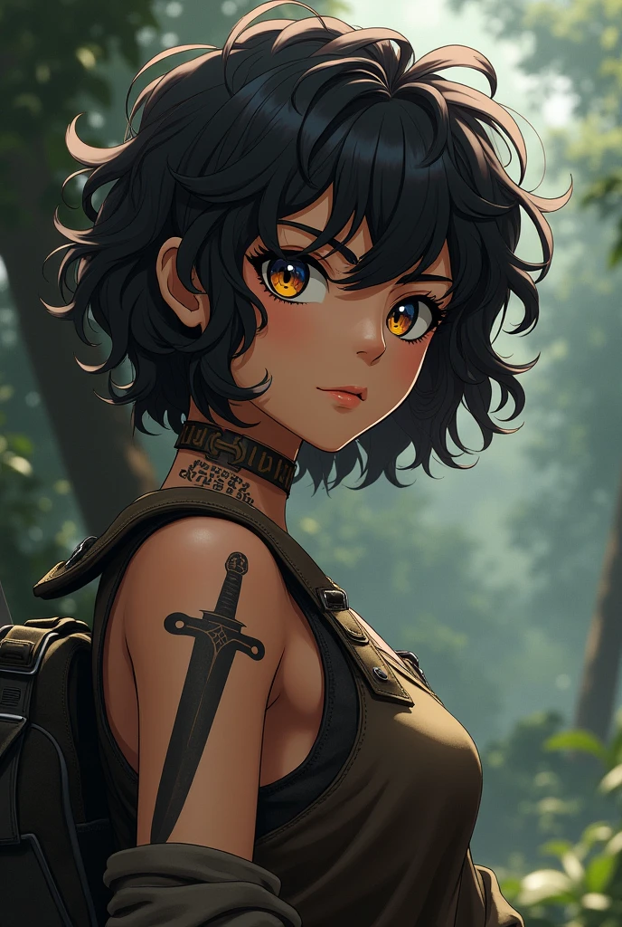 chat, create an image of a character with curly hair, brown skin, heterochromia with blue and brown eyes with a hunter outfit and a dagger tattooed on the side of the neck with features similar to the anime hunter x hunter