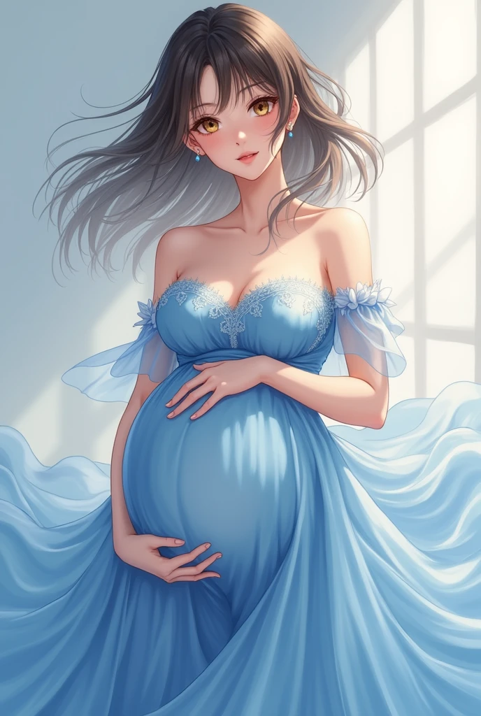 Yuuji Itadori, pregnant, Blue dress, Brown eyes, White skin