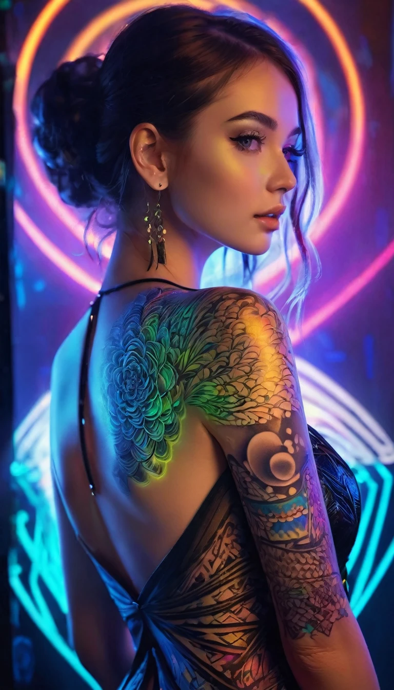 in a complex background create me a with a very attractive woman with glowing neon tattoos her anatomy must be perfect from head to toe use the relevant artists, lighting to make this a breathtaking portrait --testpfx