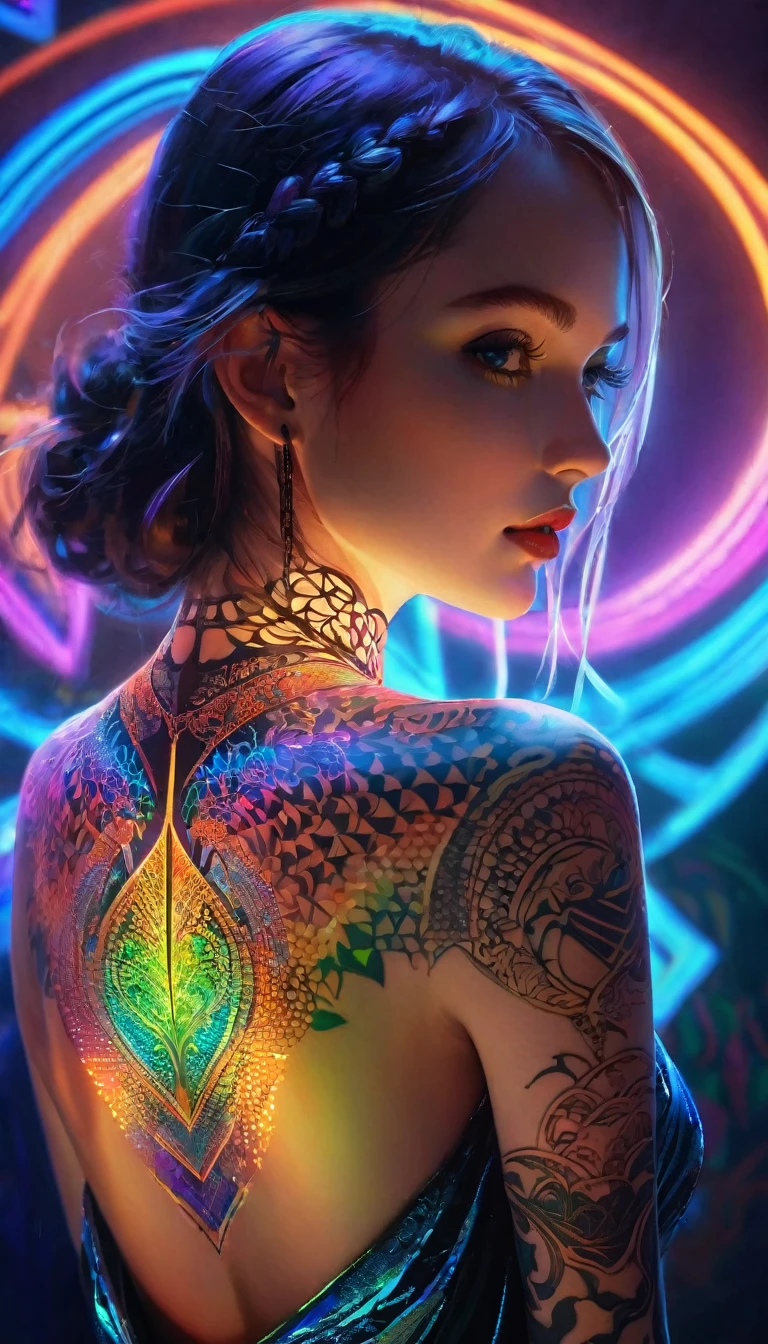 A beautiful girl, 23 years old, iridescent tattoo, complex geometry, colorful blur, evening dress, abstract backgrounds of a night club party rave, shadows and highlights, subtle reflections, charming body, black light art, fluorescent and iridescent art, art glowing in the dark, dark temptation, the beauty of tattoos, neon lights, enchanting fantasy。(best quality, 4k, 8k, high resolution, masterpiece: 1.2), ultra-detailed, (realistic, photorealistic, photorealistic: 1.37)。