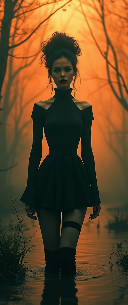 70s setting, grainy analog film, abstract art, silhouette, artwork, conceptual art, drama, stuck in bog,high-neck style, closed dress, short mini-dress, hips, high-neck dress, aristocratic hairstyle, stockings with garters, red lips, orange black