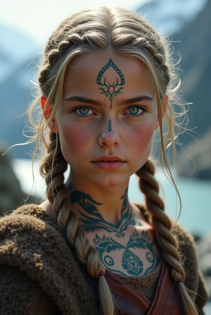 Realistic 14 year old viking girl, Nordic tattoos