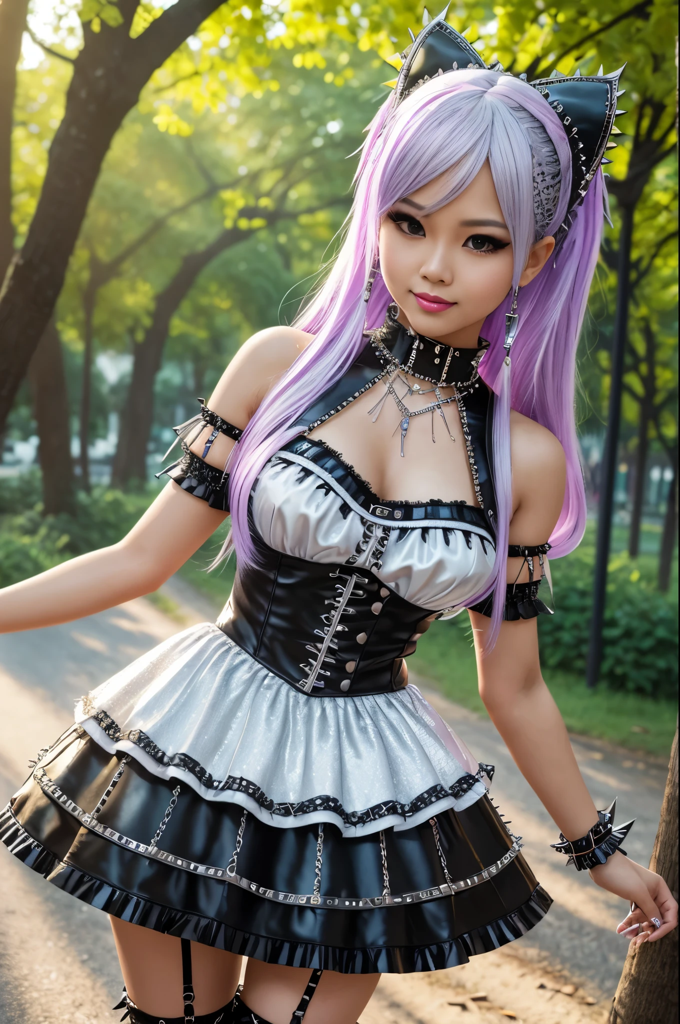sexy stylish Swedish model, only 1 female, ((doll-like appearance)), long neon pink stylish hair, ((shiny Punk-Style boots)), (smiling face), ultra detailed eyes, Punk makeup, lipgloss, ((sexy Punk ta cosplay)), unconventional skirt, petticoats, high neckline, ((ultra detailed lace)), ((ultra detailed embroidery)), intricate details, tartan patterns, (silver chains), (silver spikes), (safety pins), Punk Loliccessoires, Punk Lolita cr, ((large sparkling Punk Lolita jewel, cinematic light, detailed large park background with trees
