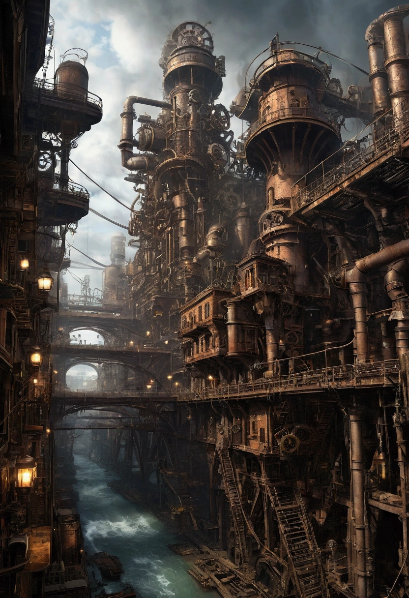 steampunk cityscape, perspective from below, Buildings packed with exposed gears and pipes, dim light illuminating the irregular structures, submerged soil covered with mechanical devices, Gears turning and thick pipes whistling, Covered bridge with intricate designs, smoky weather with chimneys spewing steam, staggered cables crossing the sky, raindrops reflecting the chaotic beauty of the scene.
INFORM